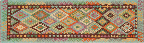 handmade Geometric Kilim Blue Rust Hand-Woven RUNNER 100% WOOL area rug 3 x 10