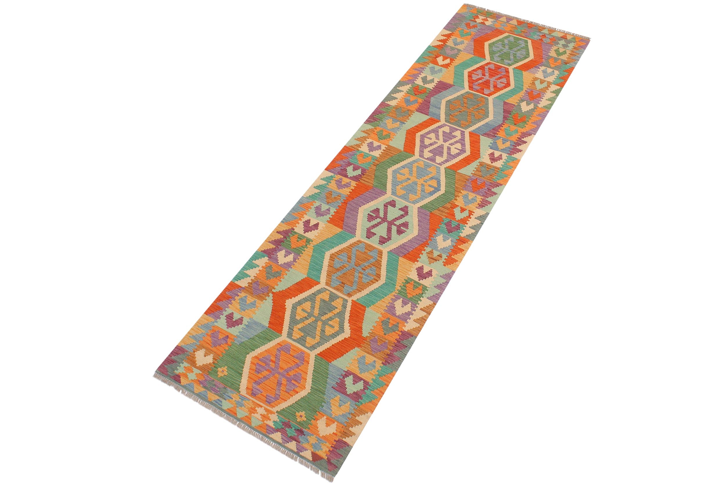 handmade Geometric Kilim Blue Rust Hand-Woven RUNNER 100% WOOL area rug 3' x 10'