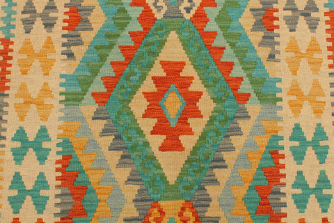 handmade Geometric Kilim Blue Beige Hand-Woven RUNNER 100% WOOL area rug 3' x 10'