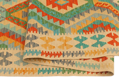 handmade Geometric Kilim Blue Beige Hand-Woven RUNNER 100% WOOL area rug 3' x 10'