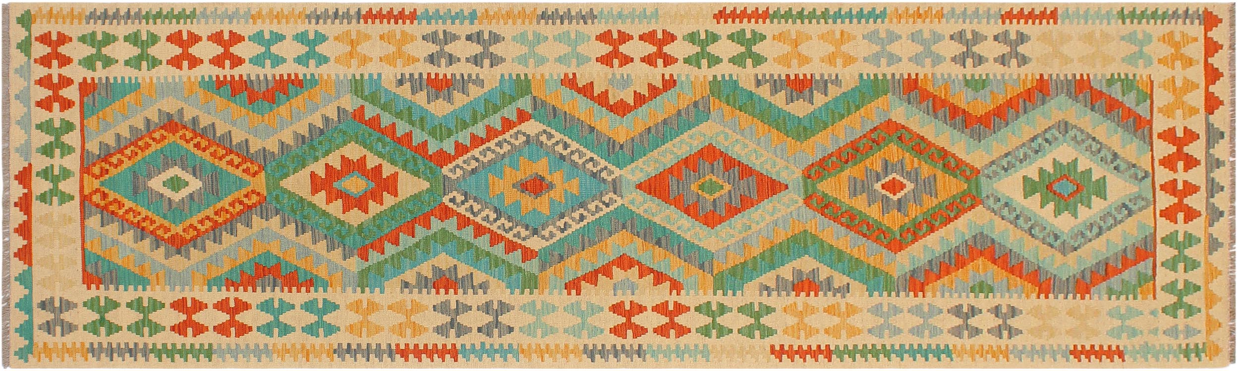 handmade Geometric Kilim Blue Beige Hand-Woven RUNNER 100% WOOL area rug 3' x 10'