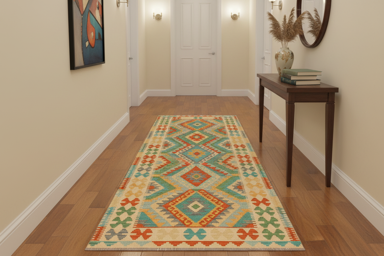 handmade Geometric Kilim Blue Beige Hand-Woven RUNNER 100% WOOL area rug 3' x 10'