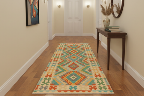 handmade Geometric Kilim Blue Beige Hand-Woven RUNNER 100% WOOL area rug 3' x 10'