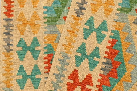 handmade Geometric Kilim Blue Beige Hand-Woven RUNNER 100% WOOL area rug 3' x 10'