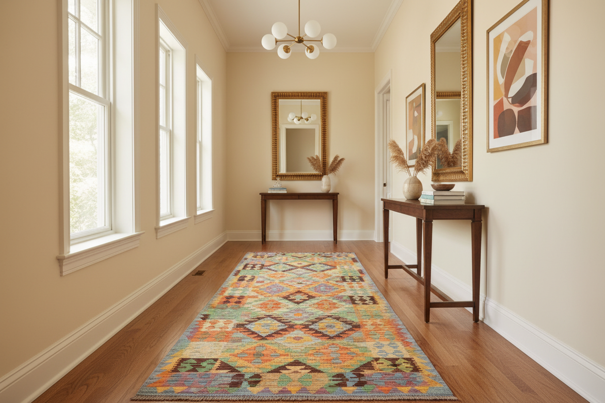 handmade Geometric Kilim Blue Rust Hand-Woven RUNNER 100% WOOL area rug 3 x 10