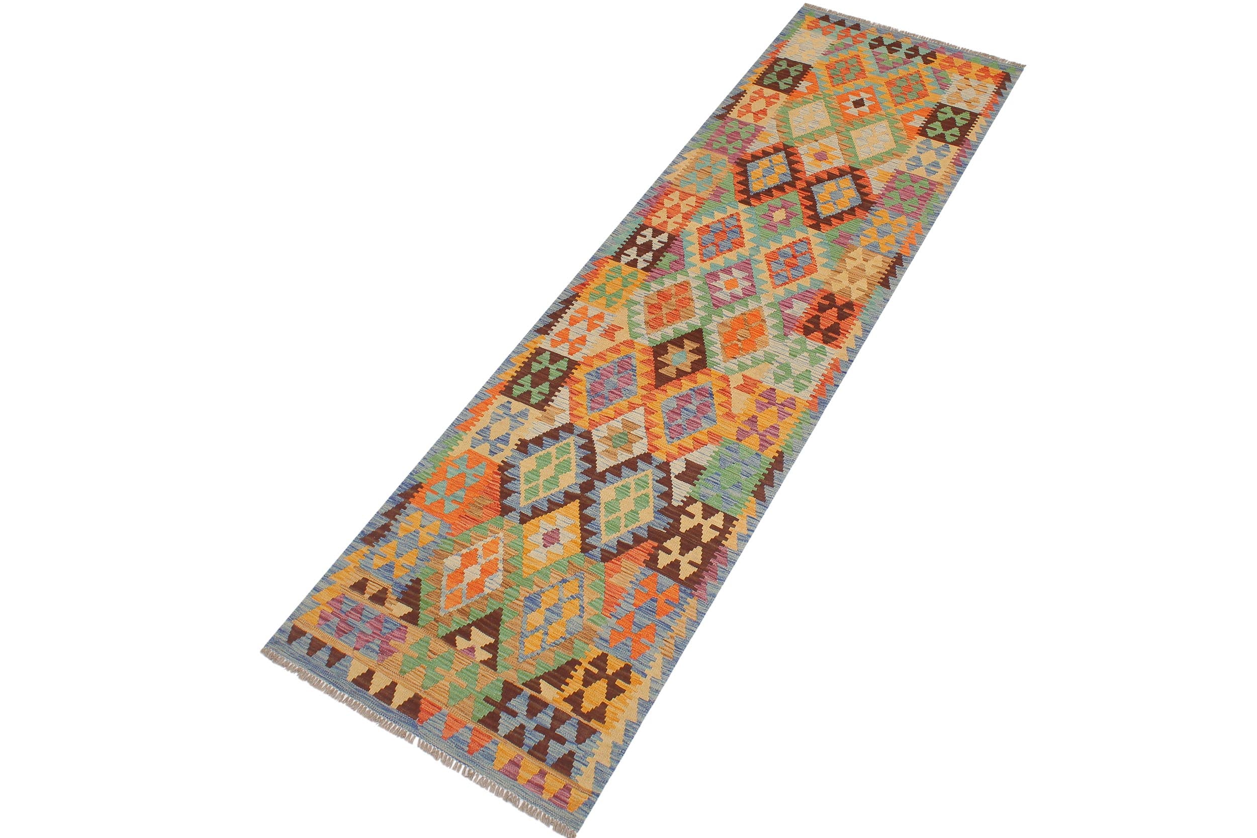 handmade Geometric Kilim Blue Rust Hand-Woven RUNNER 100% WOOL area rug 3 x 10