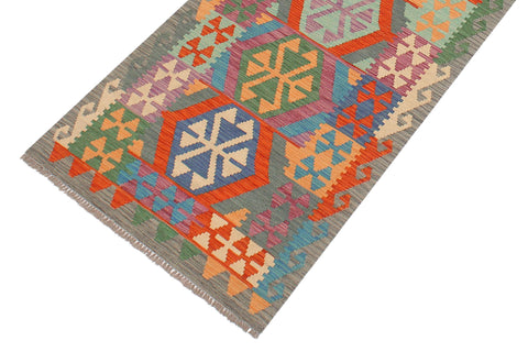 handmade Geometric Kilim Blue Gray Hand-Woven RUNNER 100% WOOL area rug 3' x 10'