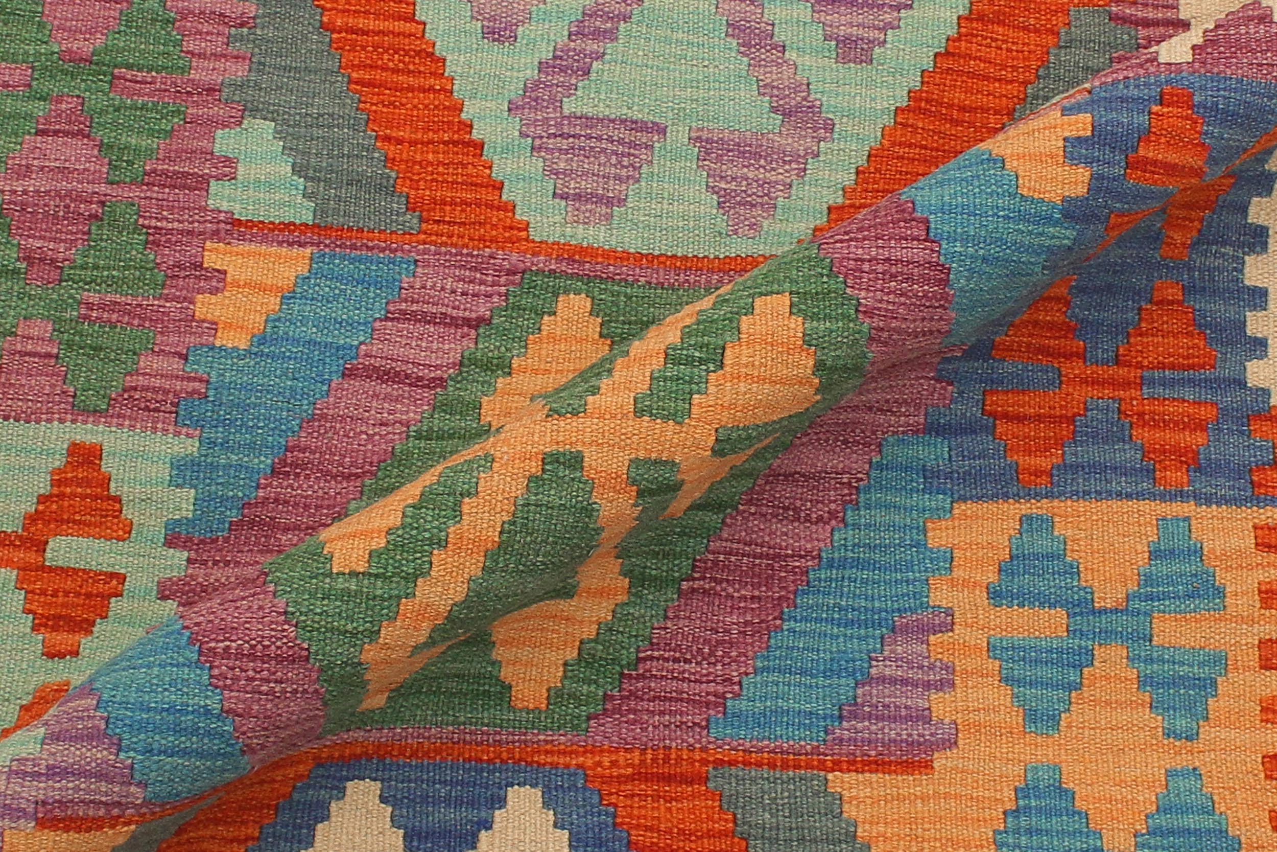 handmade Geometric Kilim Blue Gray Hand-Woven RUNNER 100% WOOL area rug 3' x 10'