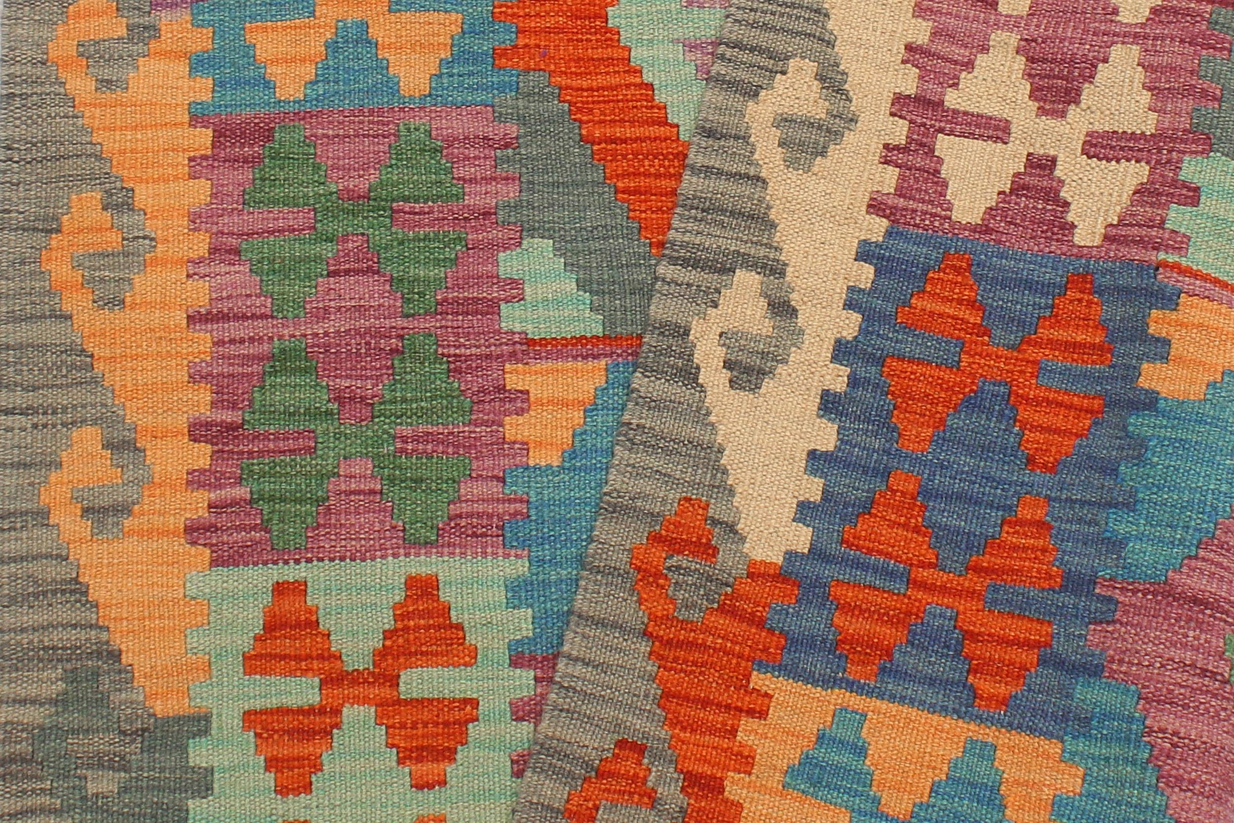 handmade Geometric Kilim Blue Gray Hand-Woven RUNNER 100% WOOL area rug 3' x 10'