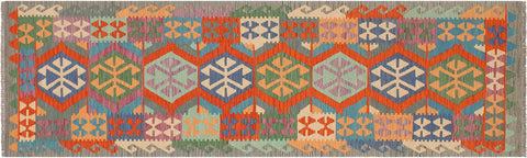 handmade Geometric Kilim Blue Gray Hand-Woven RUNNER 100% WOOL area rug 3' x 10'