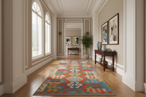 handmade Geometric Kilim Blue Gray Hand-Woven RUNNER 100% WOOL area rug 3' x 10'