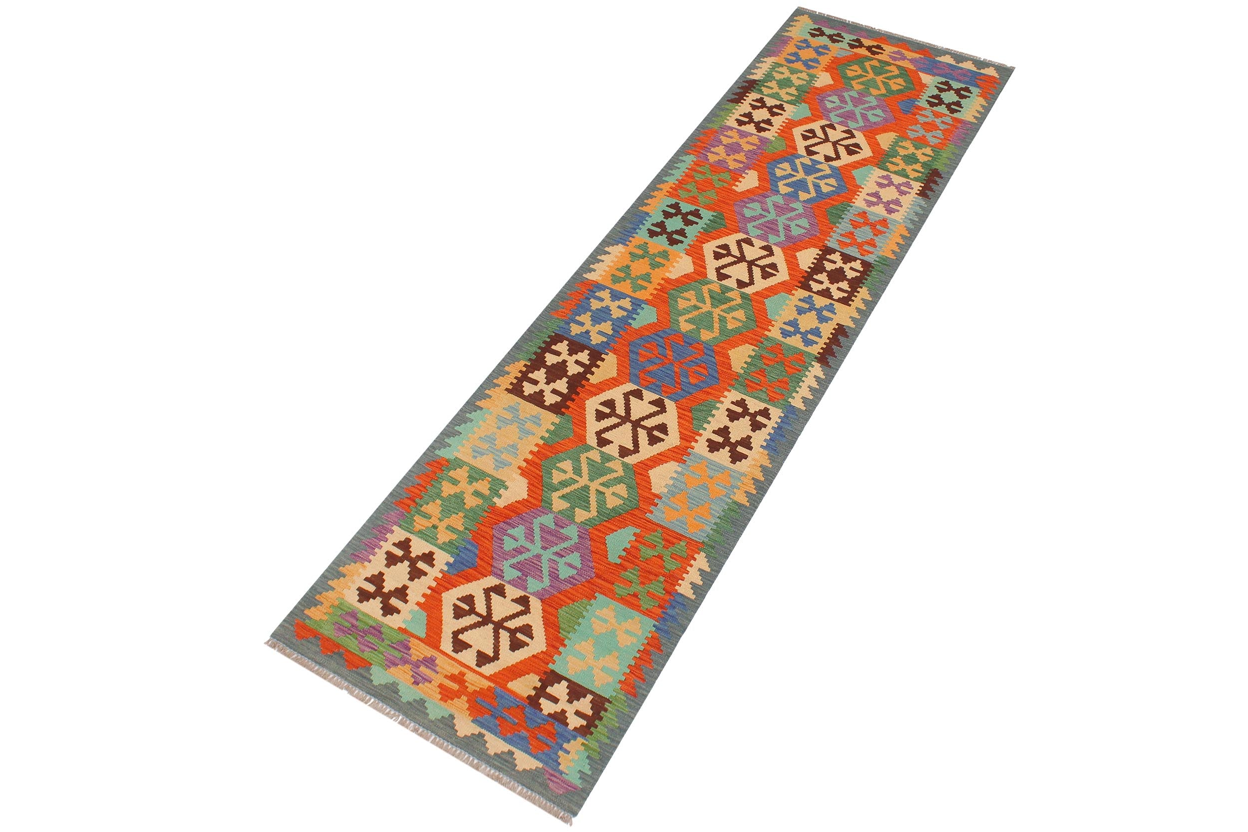 handmade Geometric Kilim Rust Blue Hand-Woven RUNNER 100% WOOL area rug 3' x 10'