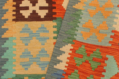 handmade Geometric Kilim Rust Blue Hand-Woven RUNNER 100% WOOL area rug 3' x 10'