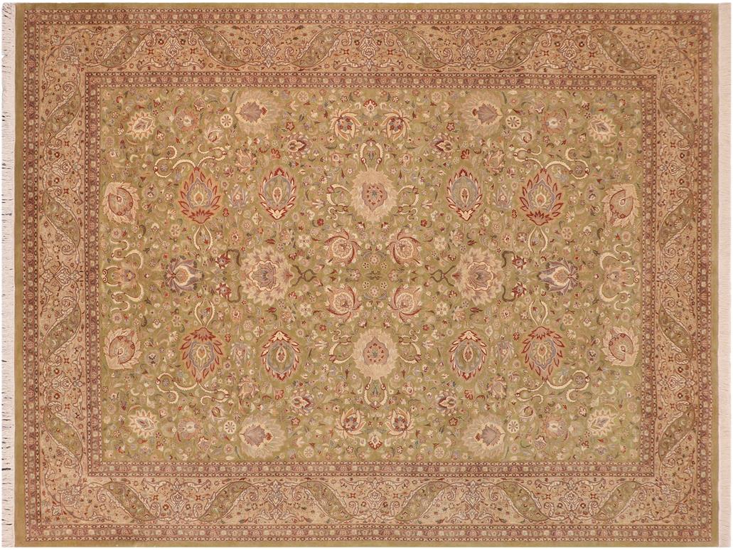 handmade Traditional Kashan Green Tan Hand Knotted RECTANGLE 100% WOOL area rug 10x14