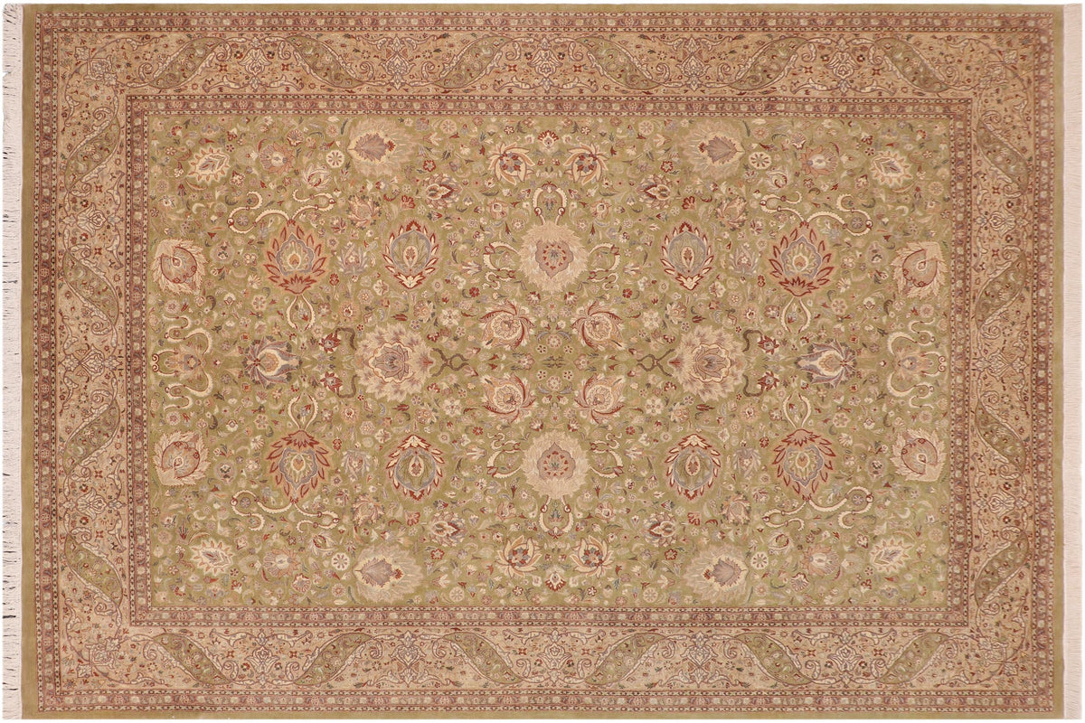 handmade Traditional Kashan Green Tan Hand Knotted RECTANGLE 100% WOOL area rug 10x14