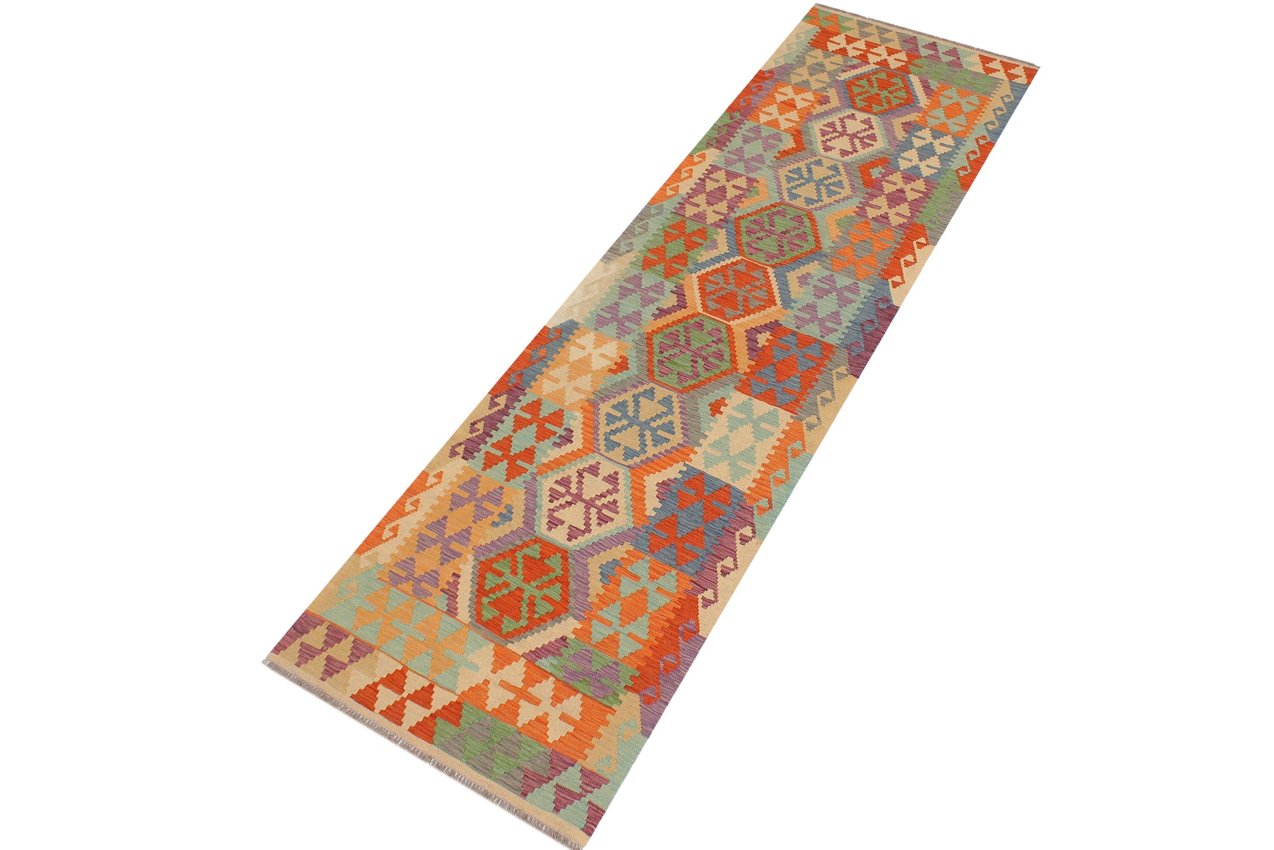 handmade Geometric Kilim Rust Blue Hand-Woven RUNNER 100% WOOL area rug 3' x 10'