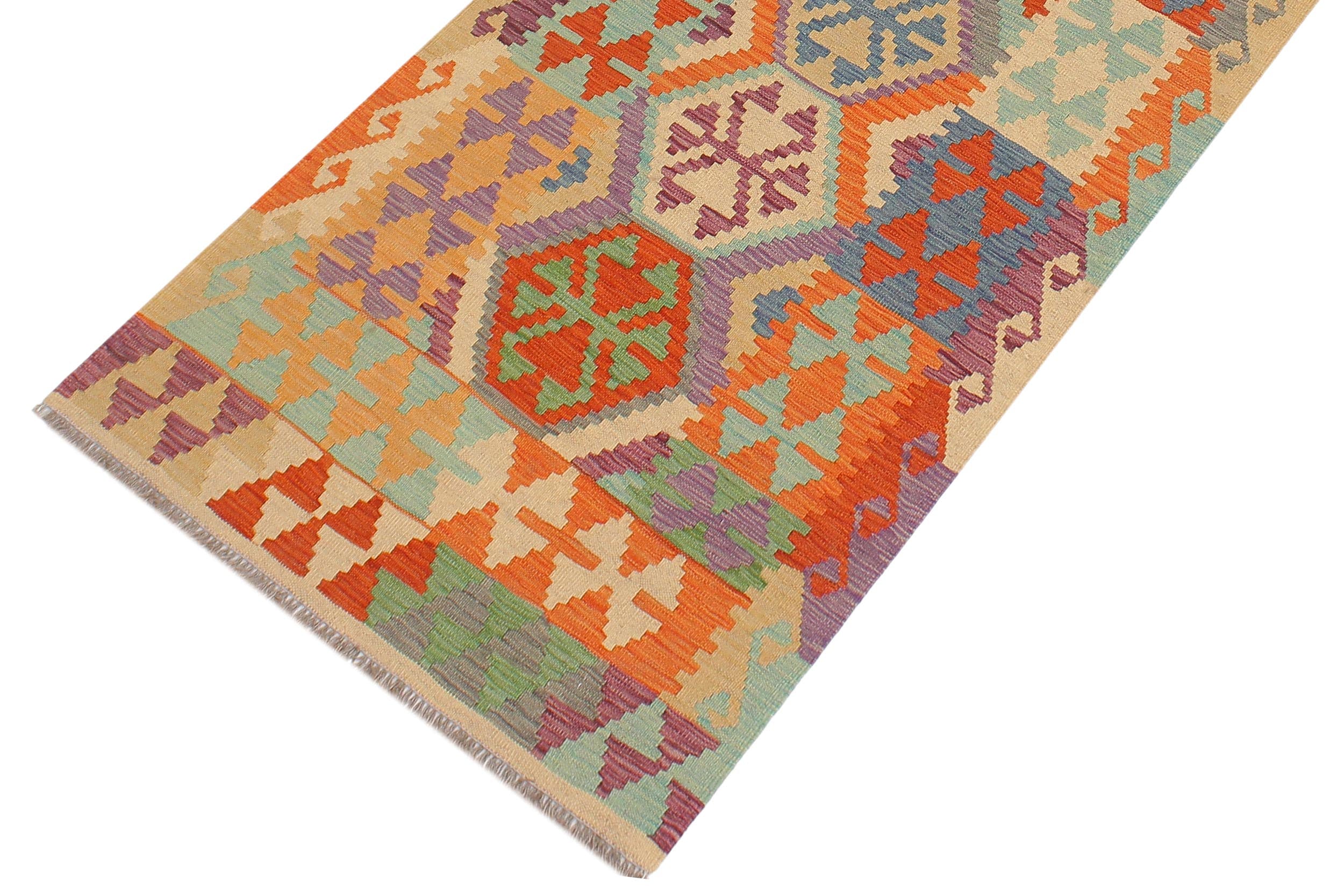 handmade Geometric Kilim Rust Blue Hand-Woven RUNNER 100% WOOL area rug 3' x 10'