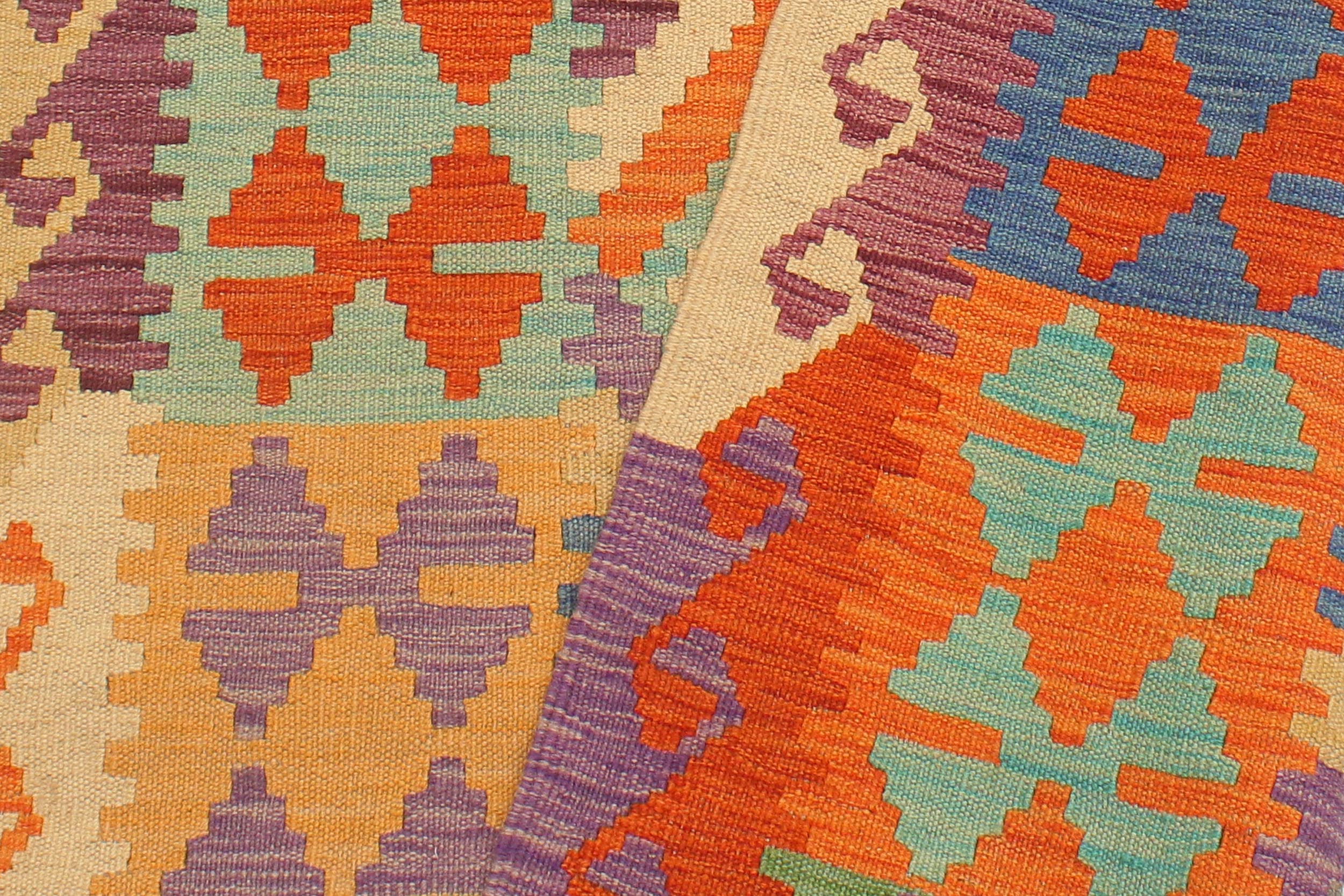 handmade Geometric Kilim Rust Blue Hand-Woven RUNNER 100% WOOL area rug 3' x 10'