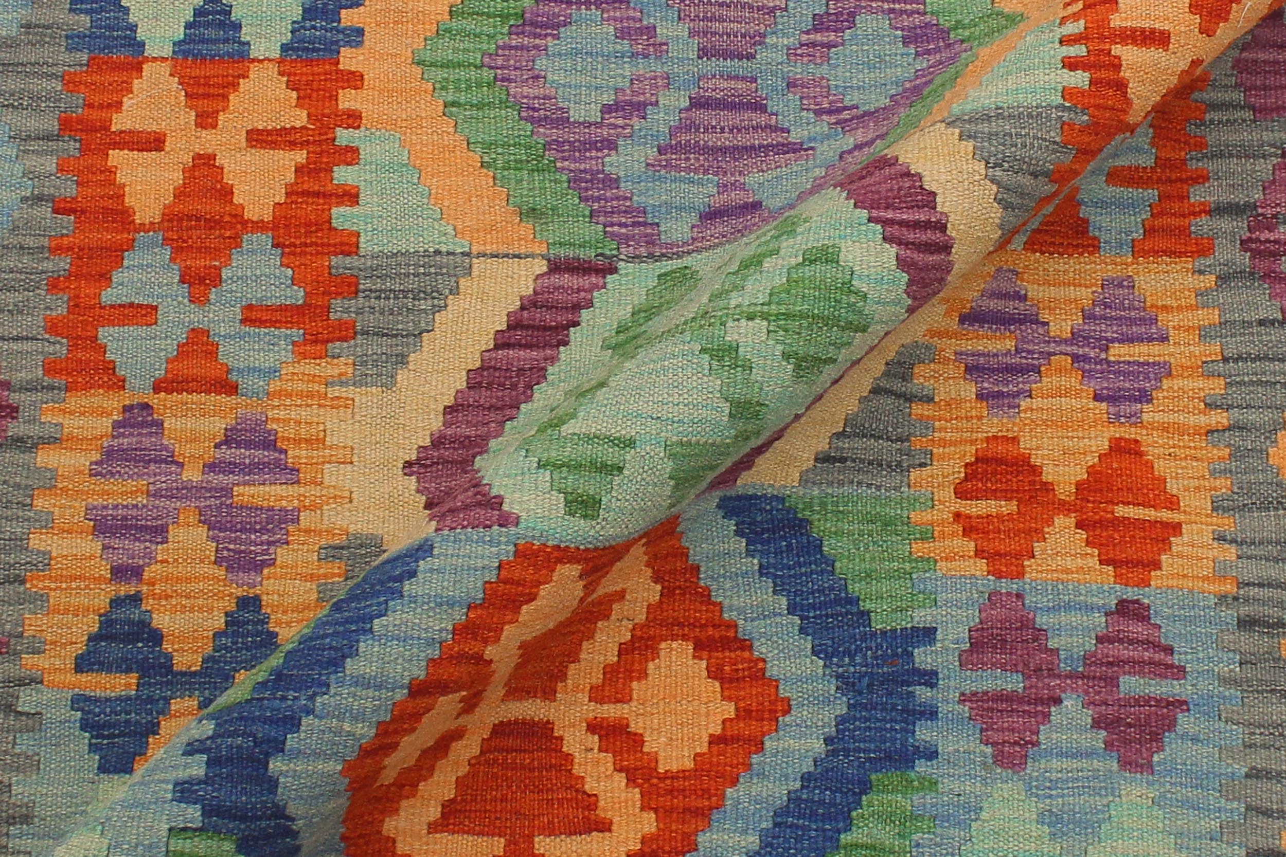 handmade Geometric Kilim Blue Gray Hand-Woven RUNNER 100% WOOL area rug 3' x 10'