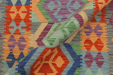 handmade Geometric Kilim Blue Gray Hand-Woven RUNNER 100% WOOL area rug 3' x 10'