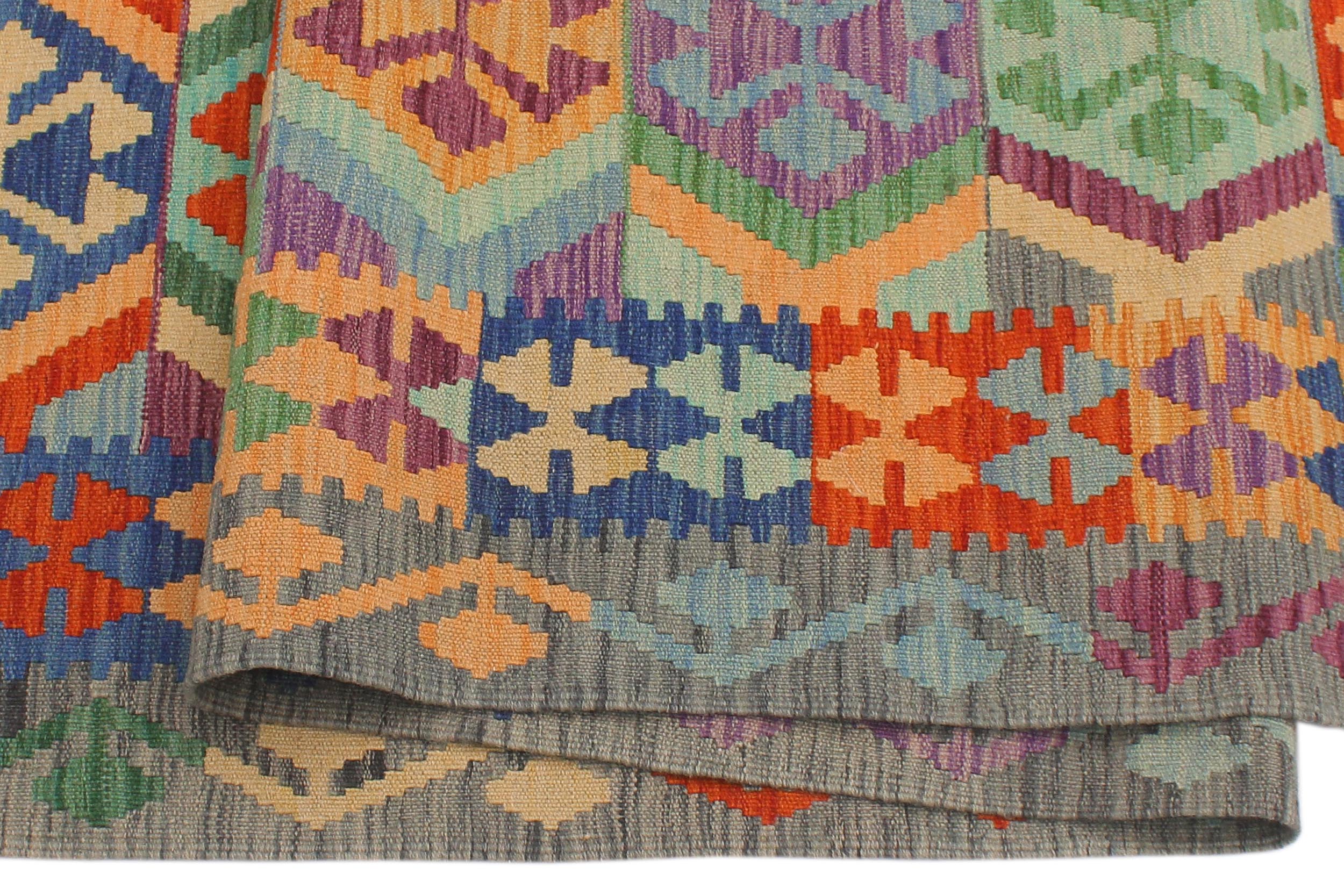 handmade Geometric Kilim Blue Gray Hand-Woven RUNNER 100% WOOL area rug 3' x 10'