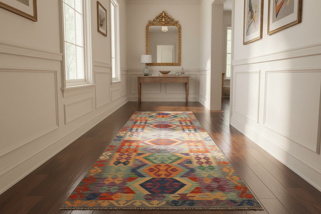 handmade Geometric Kilim Blue Gray Hand-Woven RUNNER 100% WOOL area rug 3' x 10'