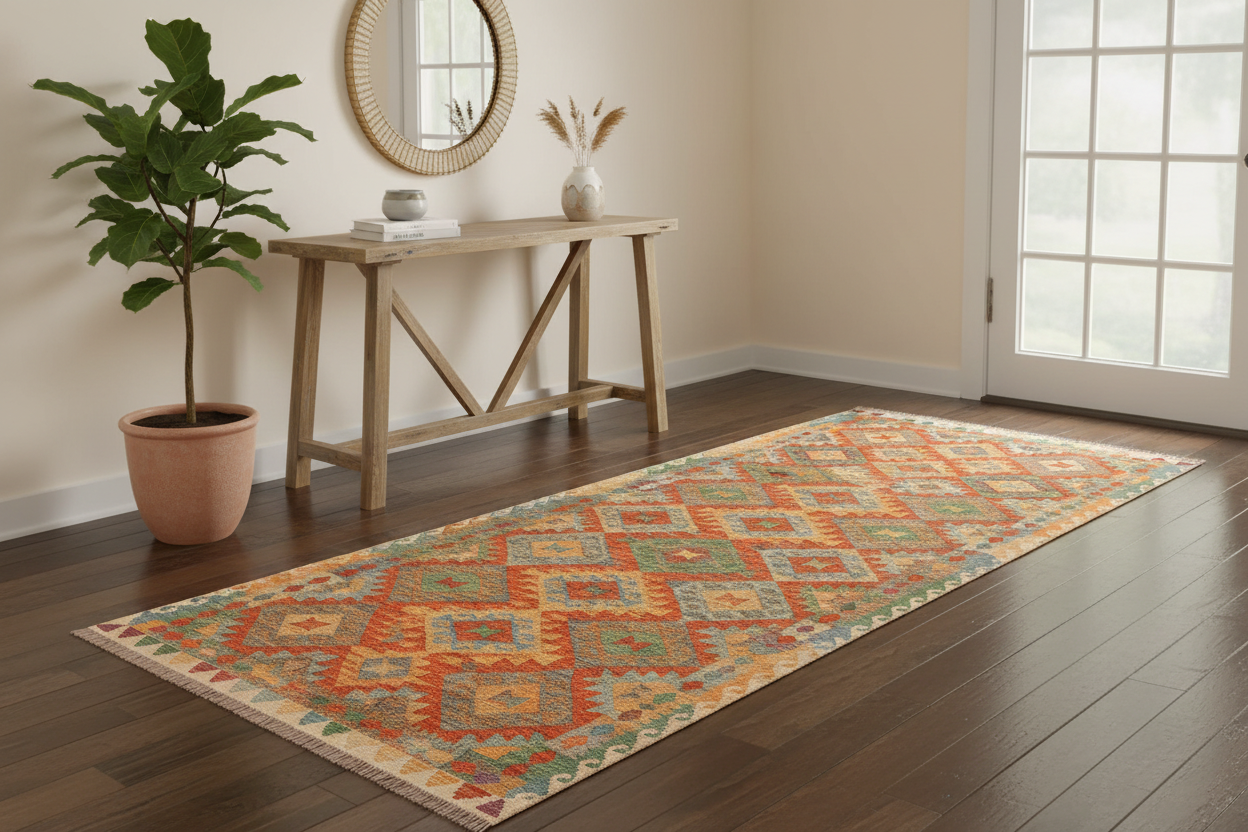 handmade Geometric Kilim Rust Beige Hand-Woven RUNNER 100% WOOL area rug 3 x 10