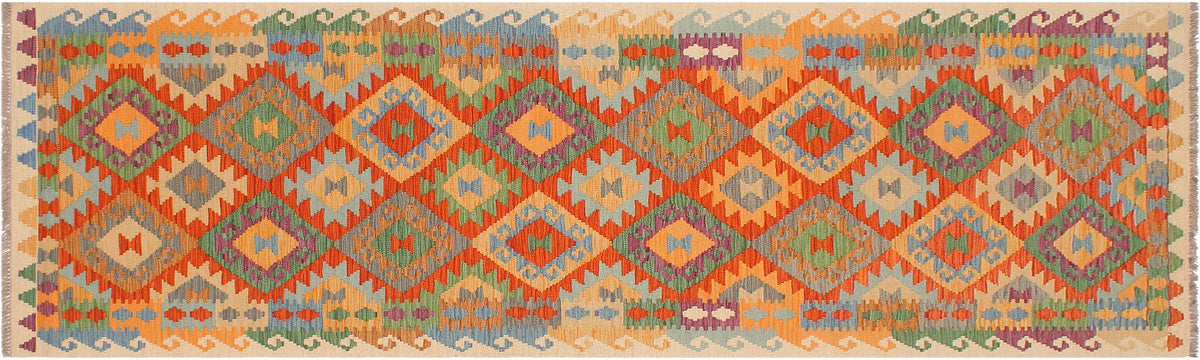 handmade Geometric Kilim Rust Beige Hand-Woven RUNNER 100% WOOL area rug 3 x 10