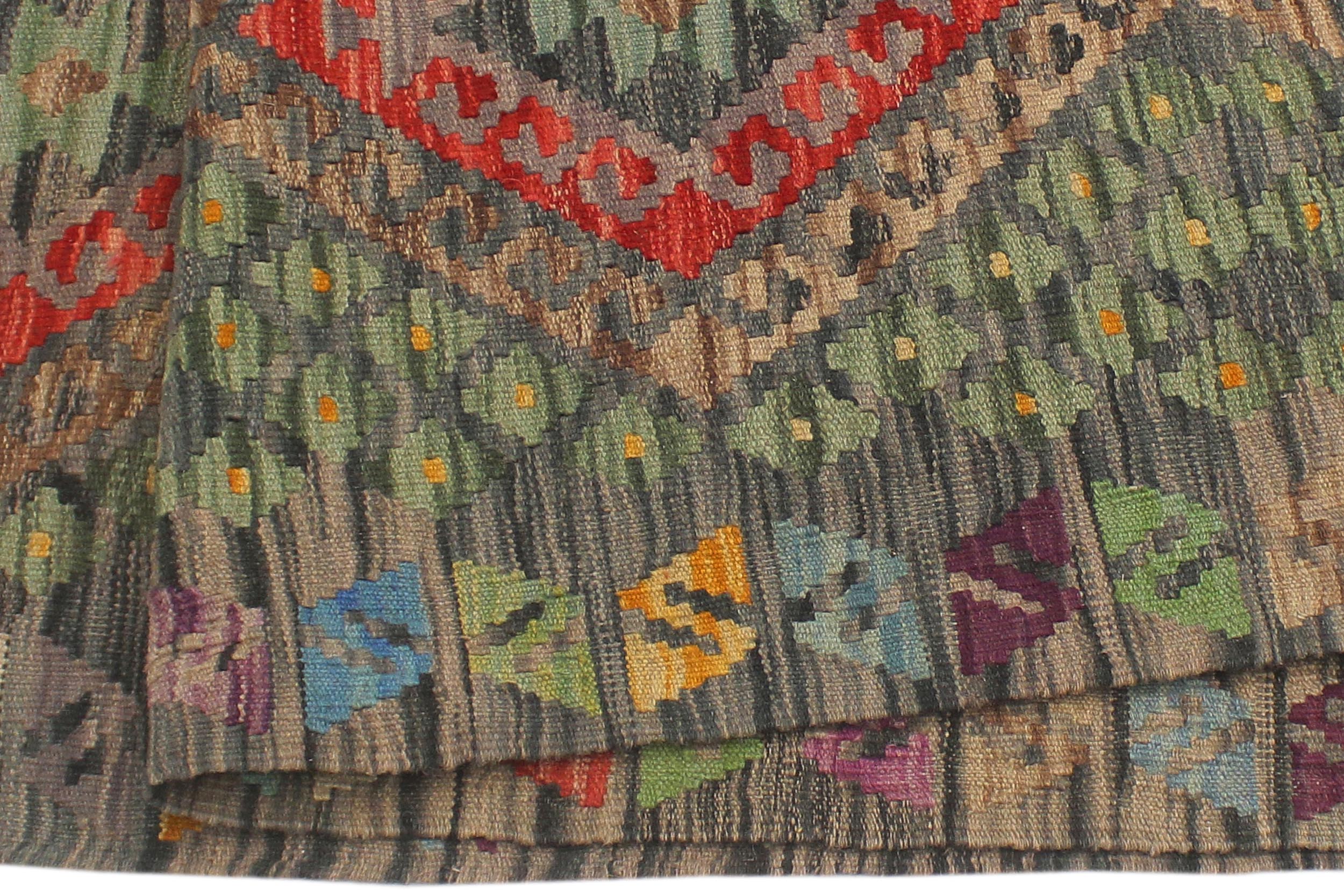 handmade Geometric Kilim Red Charcoal Hand-Woven RUNNER 100% WOOL area rug 3' x 10'