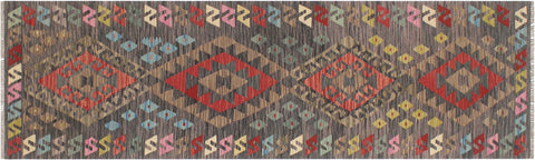 handmade Geometric Kilim Charcoal Red Hand-Woven RUNNER 100% WOOL area rug 3' x 10'
