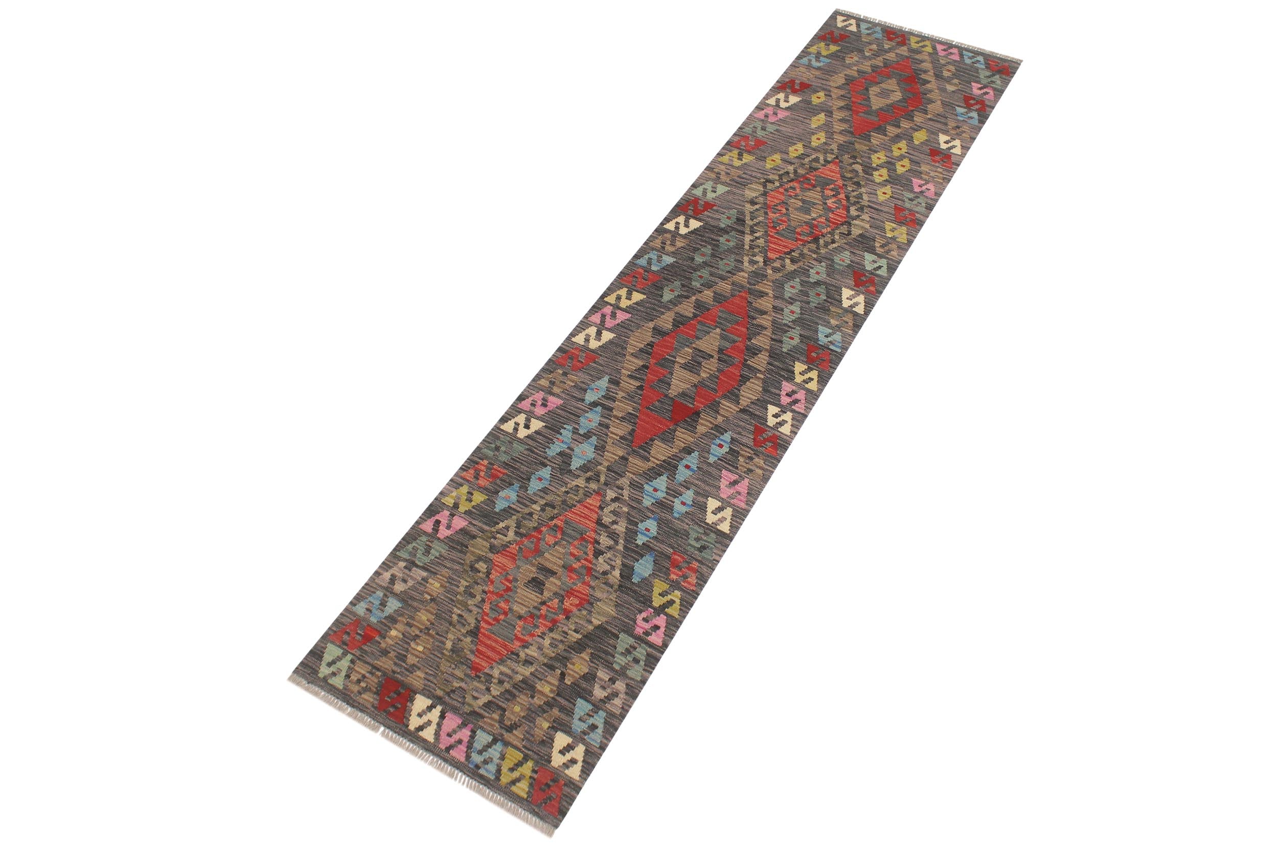 handmade Geometric Kilim Charcoal Red Hand-Woven RUNNER 100% WOOL area rug 3' x 10'