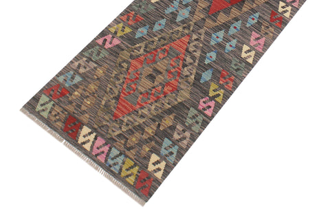 handmade Geometric Kilim Charcoal Red Hand-Woven RUNNER 100% WOOL area rug 3' x 10'