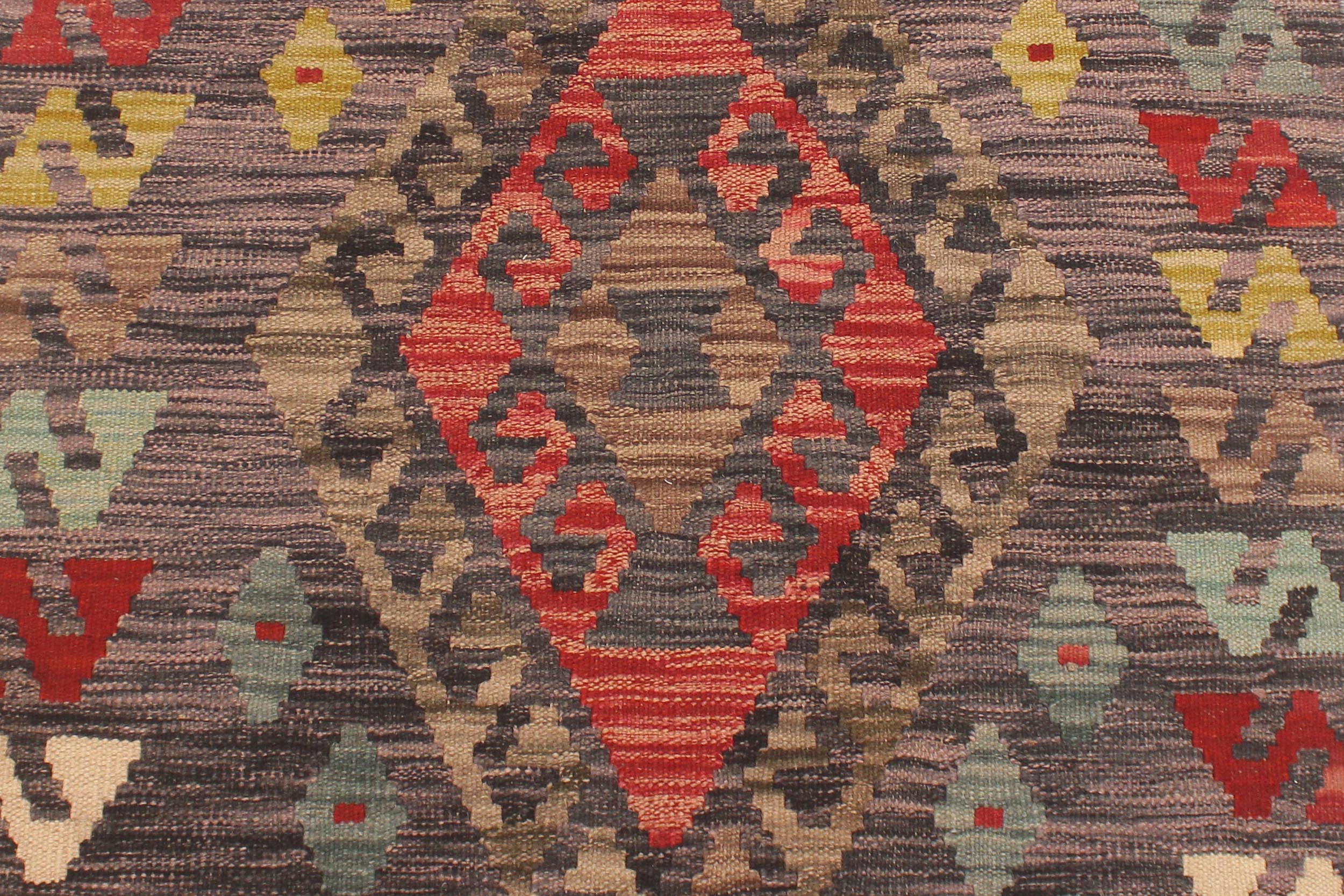 handmade Geometric Kilim Charcoal Red Hand-Woven RUNNER 100% WOOL area rug 3' x 10'