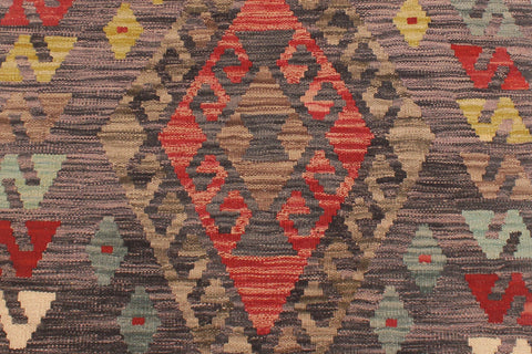 handmade Geometric Kilim Charcoal Red Hand-Woven RUNNER 100% WOOL area rug 3' x 10'