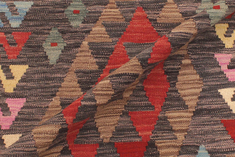 handmade Geometric Kilim Charcoal Red Hand-Woven RUNNER 100% WOOL area rug 3' x 10'