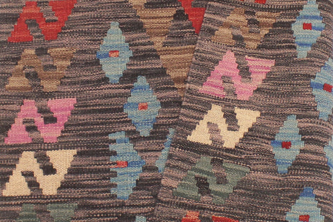 handmade Geometric Kilim Charcoal Red Hand-Woven RUNNER 100% WOOL area rug 3' x 10'