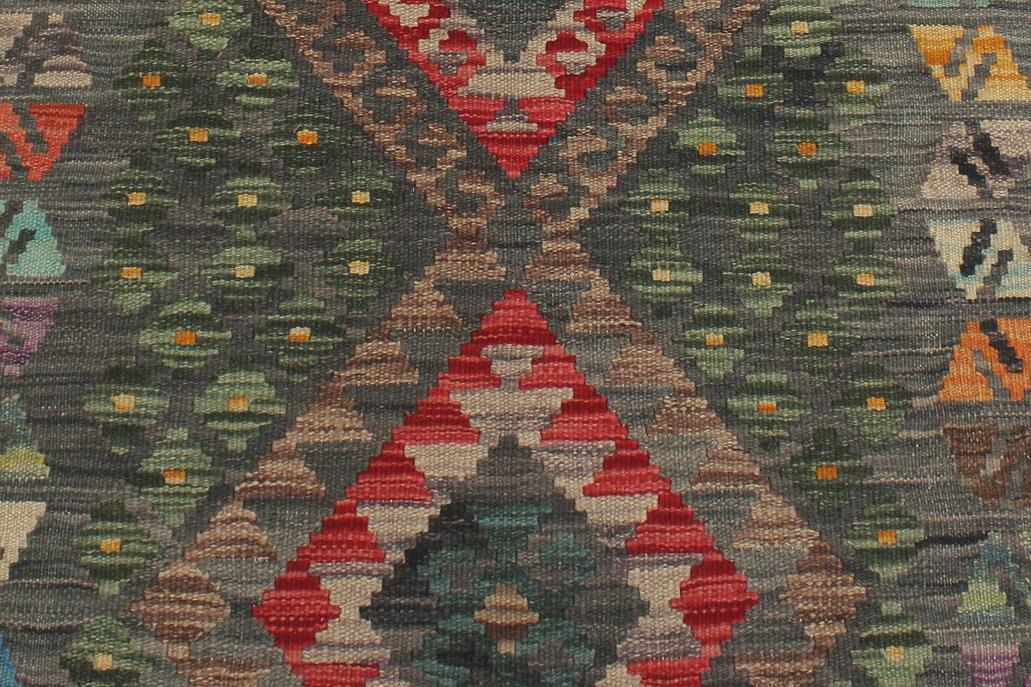 Flat Weave Kilim Antique Navaho Vintage handmade Geometric Kilim Gray Red Hand-Woven Runner 100% Wool Area Rug 3x10 