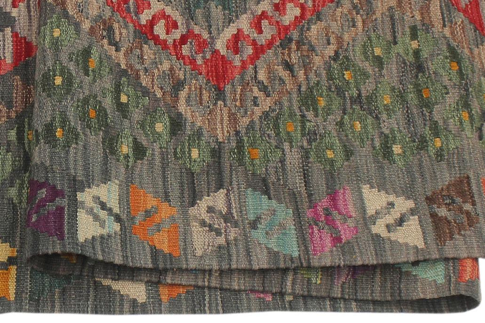 Flat Weave Kilim Antique Navaho Vintage handmade Geometric Kilim Gray Red Hand-Woven Runner 100% Wool Area Rug 3x10 