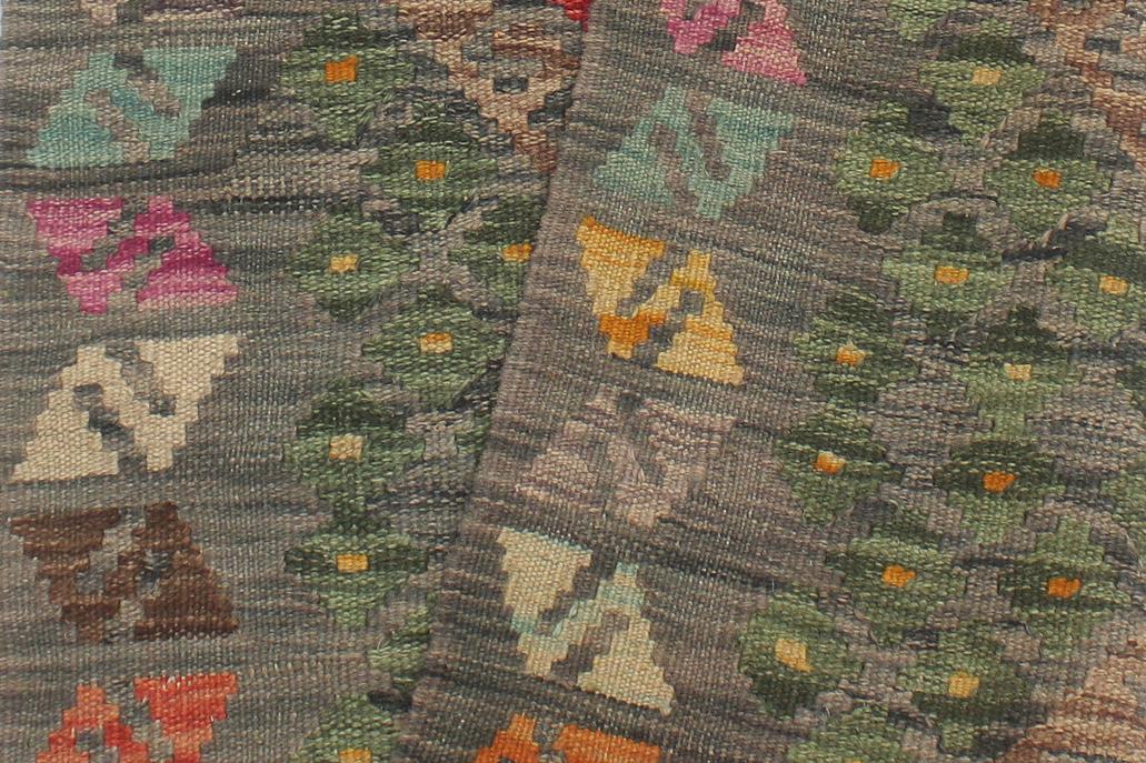 Flat Weave Kilim Antique Navaho Vintage handmade Geometric Kilim Gray Red Hand-Woven Runner 100% Wool Area Rug 3x10 