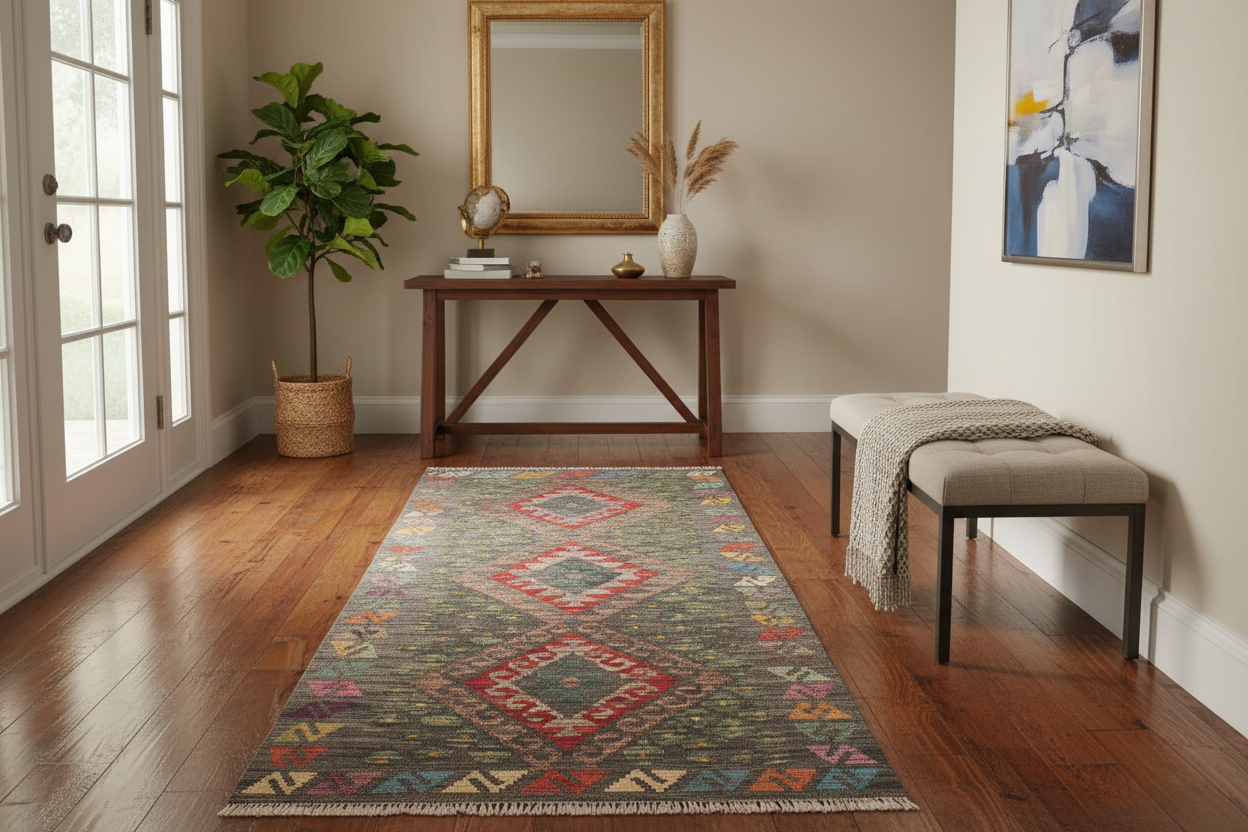 handmade Geometric Kilim Gray Red Hand-Woven RUNNER 100% WOOL area rug 3' x 10'