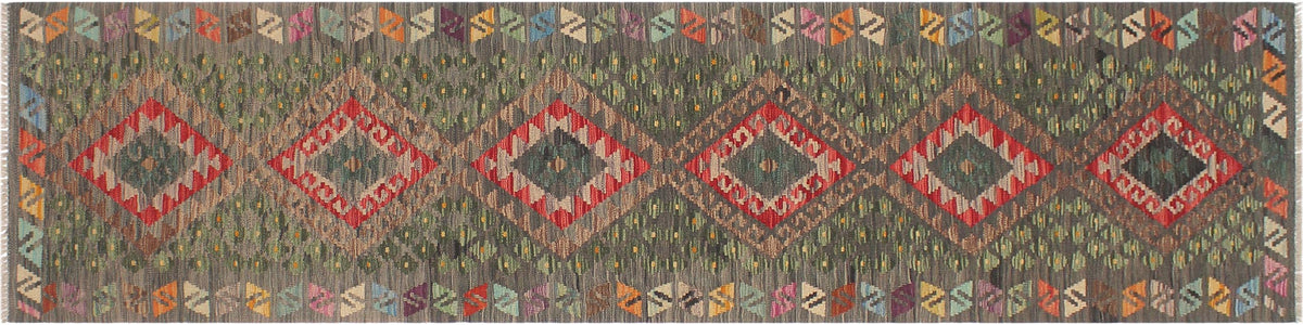 handmade Geometric Kilim Gray Red Hand-Woven RUNNER 100% WOOL area rug 3' x 10'