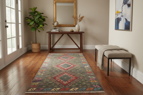 handmade Geometric Kilim Gray Red Hand-Woven RUNNER 100% WOOL area rug 3' x 10'