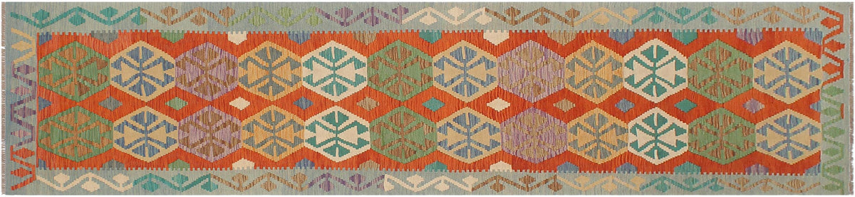 handmade Geometric Kilim Rust Blue Hand-Woven RUNNER 100% WOOL area rug 3 x 13