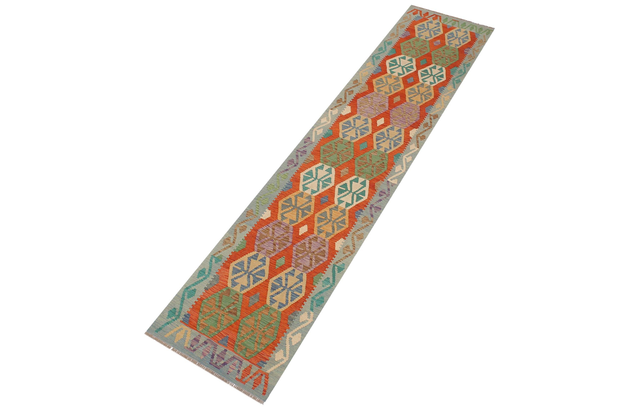 handmade Geometric Kilim Rust Blue Hand-Woven RUNNER 100% WOOL area rug 3 x 13