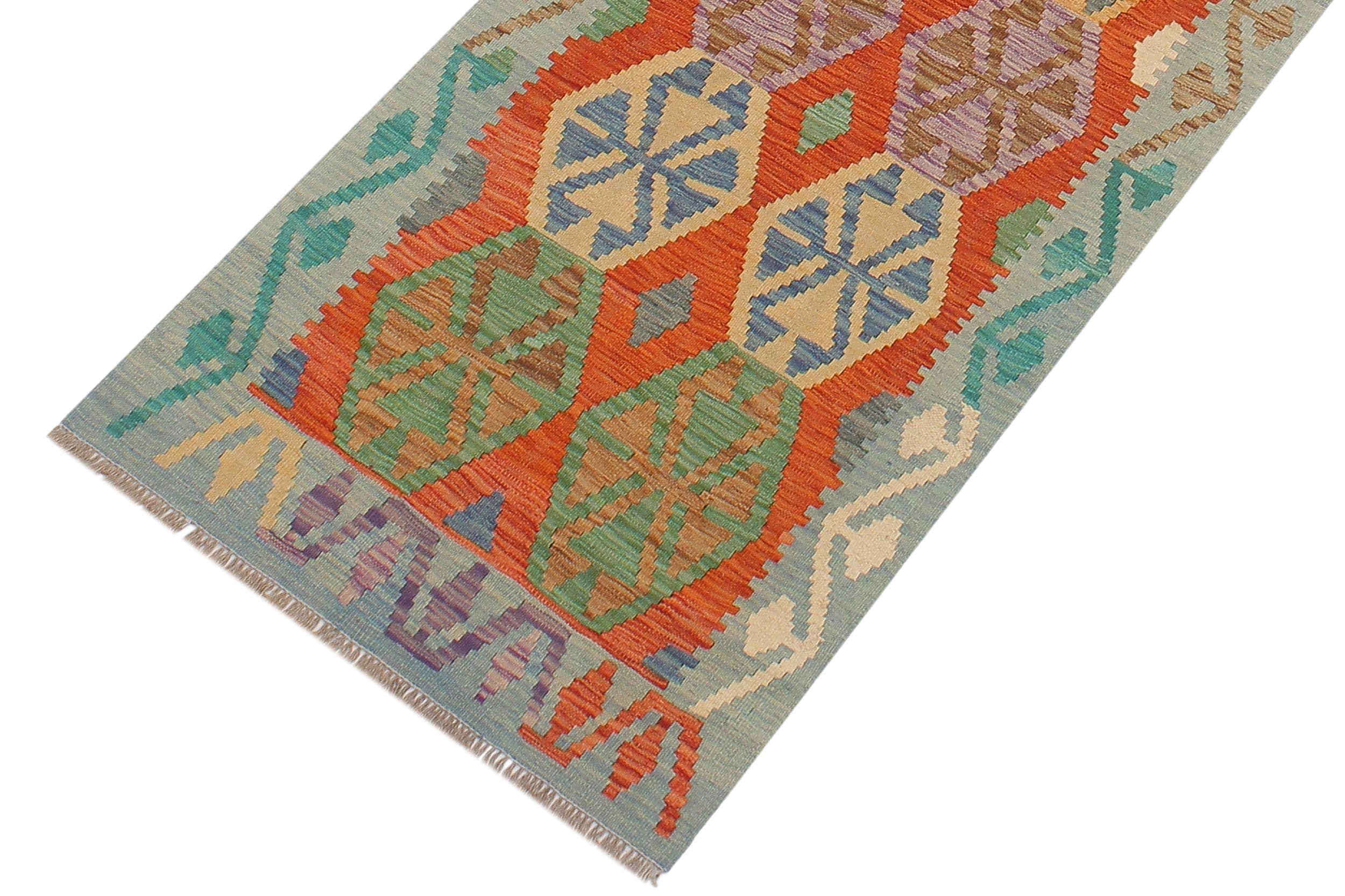 handmade Geometric Kilim Rust Blue Hand-Woven RUNNER 100% WOOL area rug 3 x 13