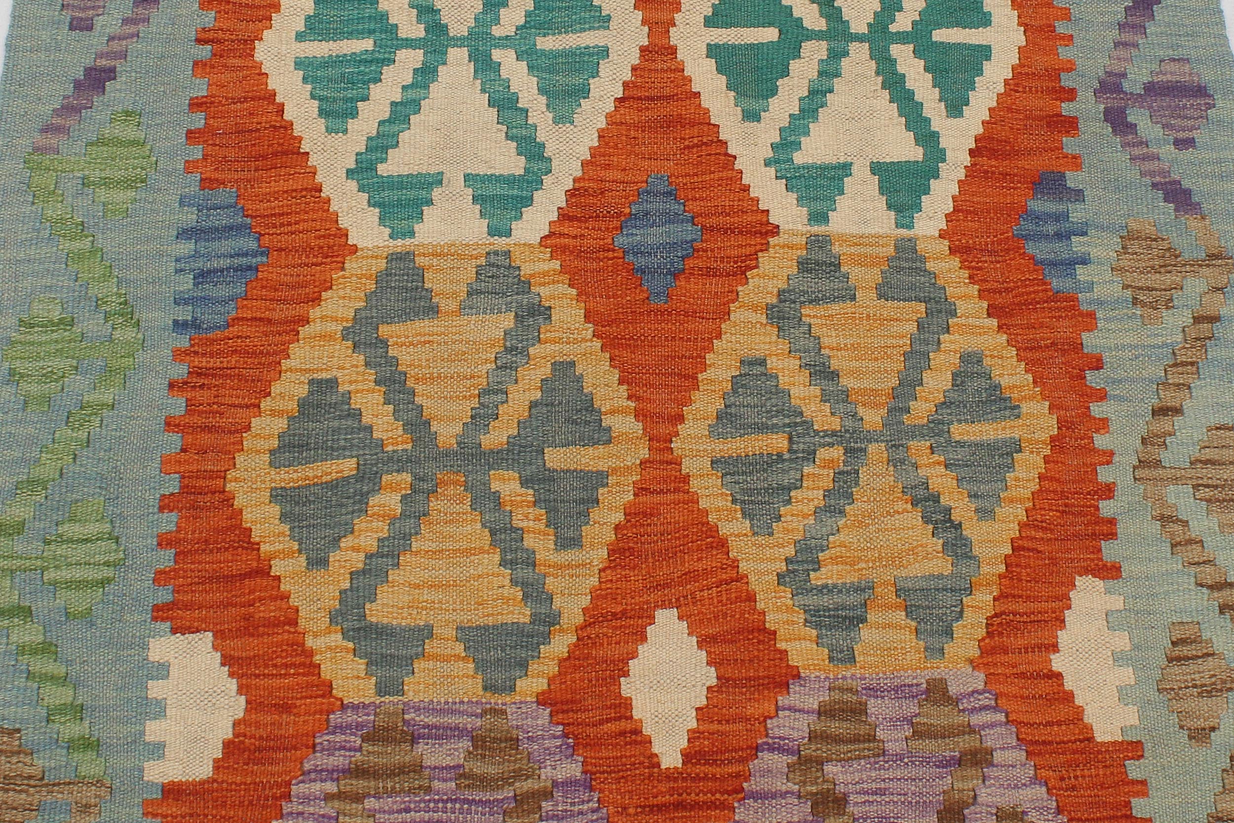 handmade Geometric Kilim Rust Blue Hand-Woven RUNNER 100% WOOL area rug 3 x 13