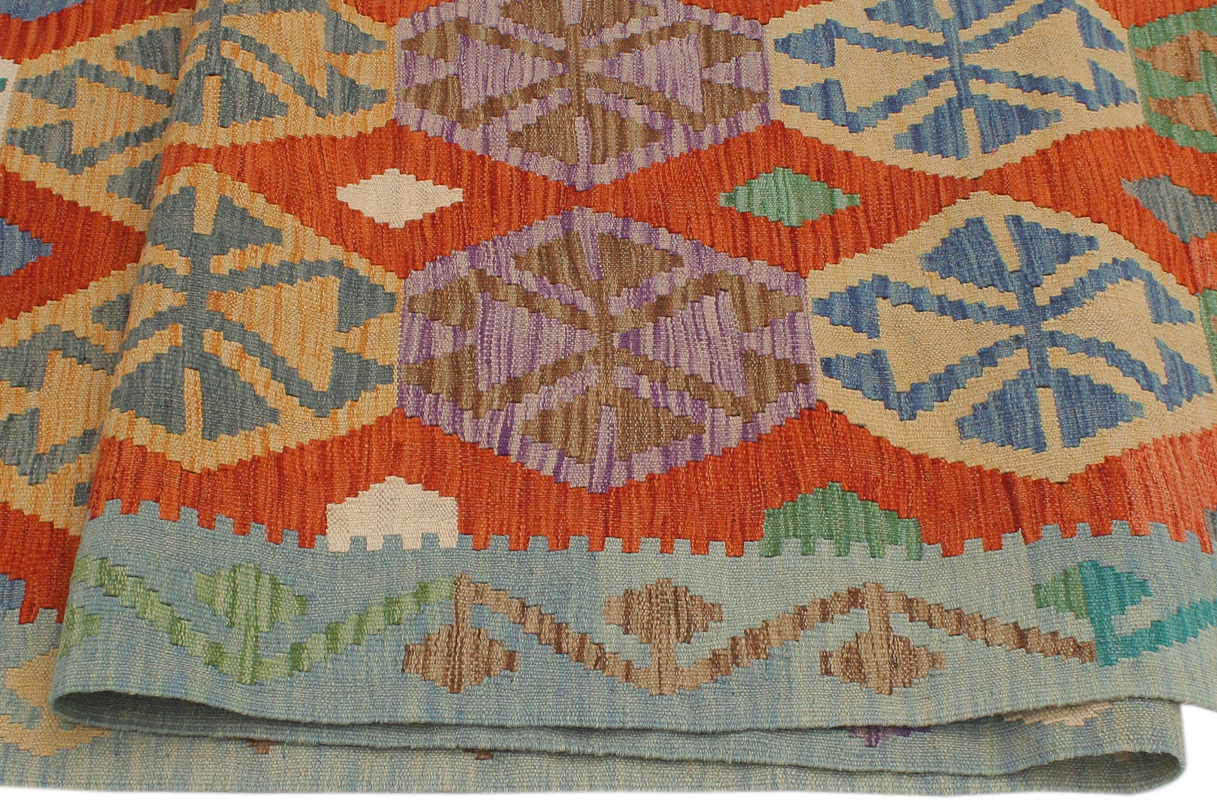 handmade Geometric Kilim Rust Blue Hand-Woven RUNNER 100% WOOL area rug 3 x 13