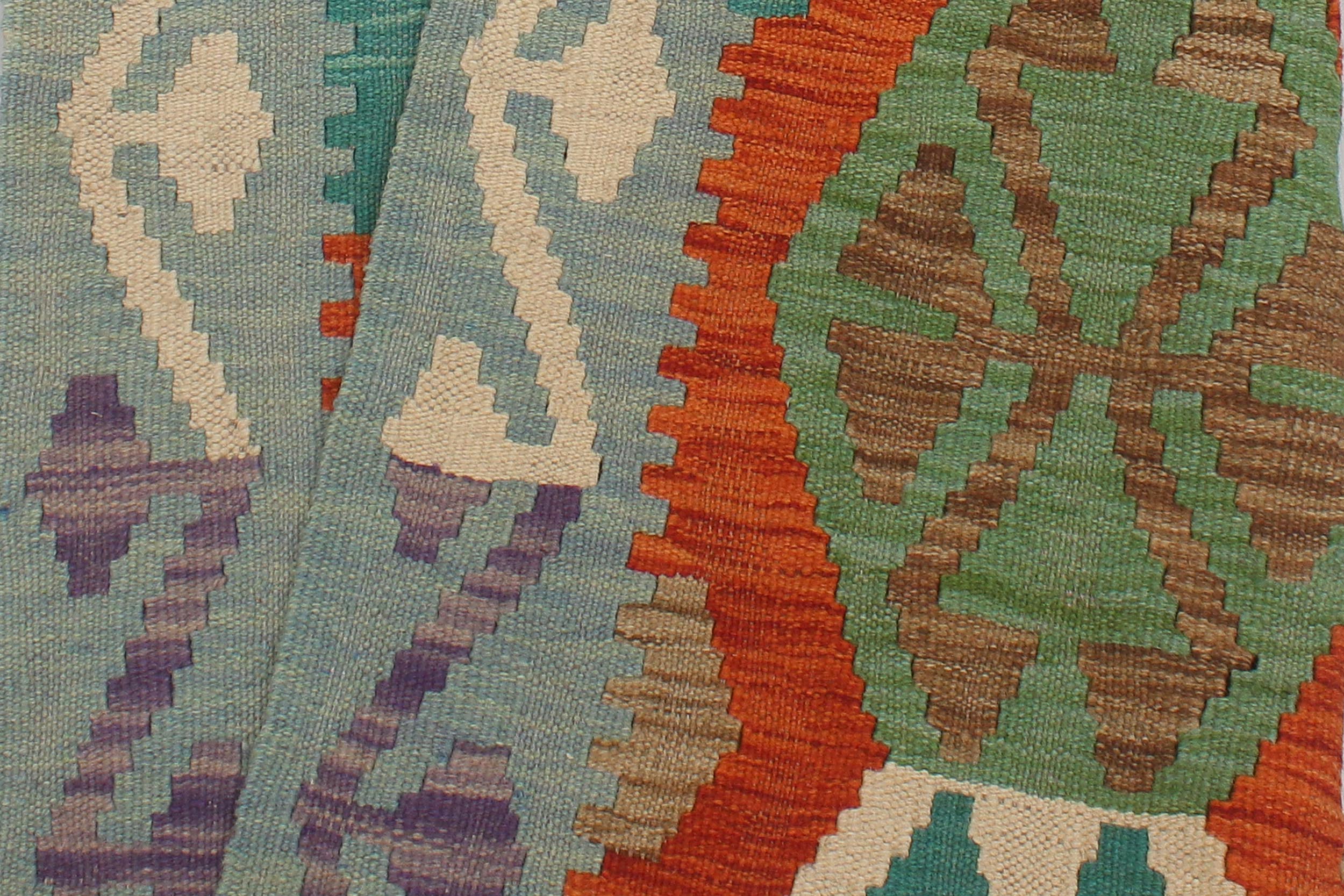 handmade Geometric Kilim Rust Blue Hand-Woven RUNNER 100% WOOL area rug 3 x 13