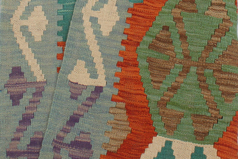 handmade Geometric Kilim Rust Blue Hand-Woven RUNNER 100% WOOL area rug 3 x 13