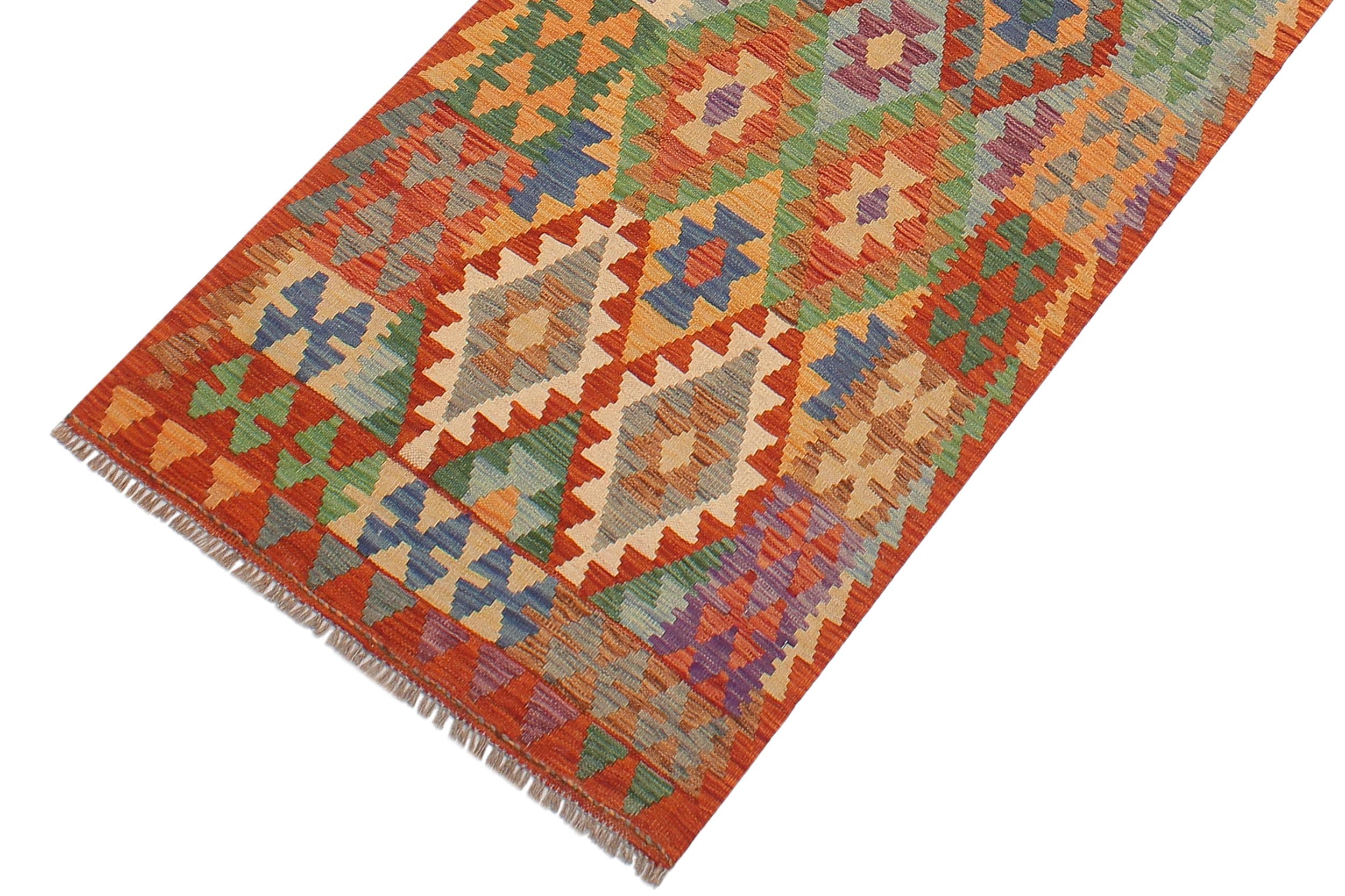 handmade Geometric Kilim Rust Blue Hand-Woven RUNNER 100% WOOL area rug 3 x 13